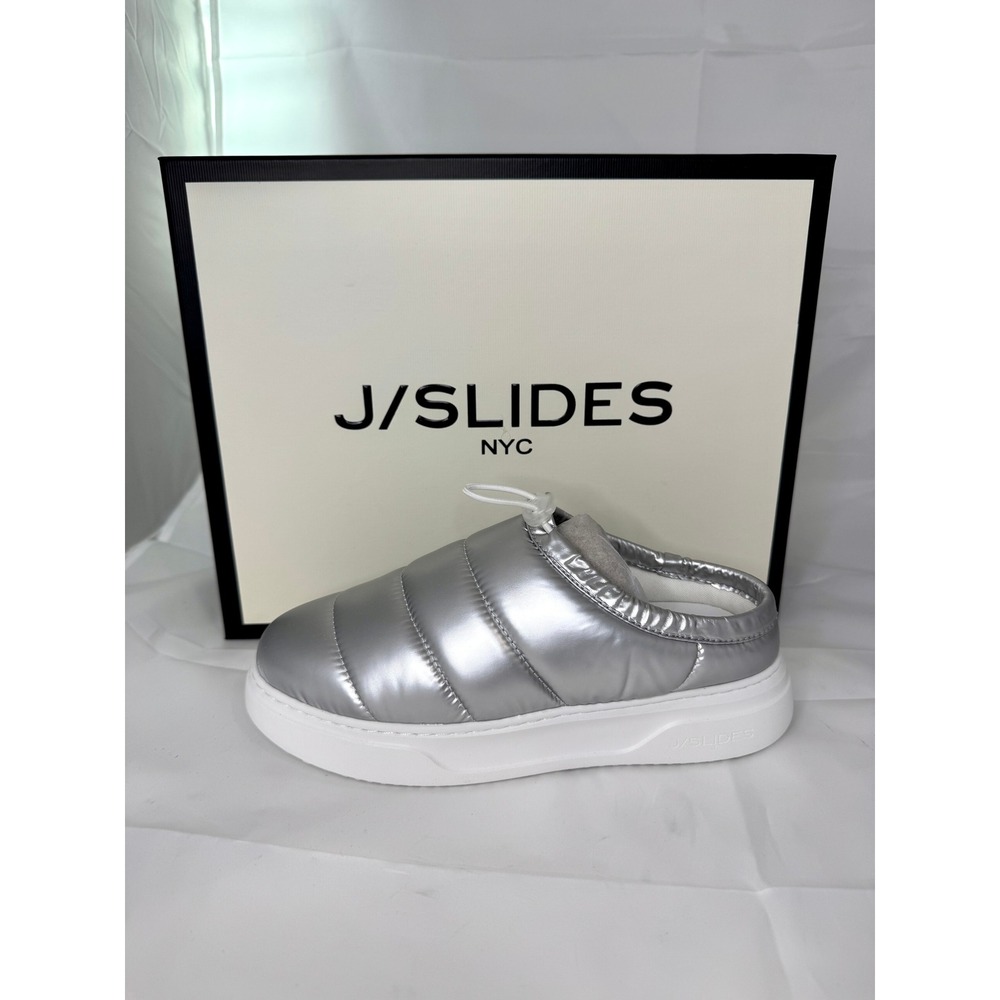 J/Slides NYC Coco Silver Nylon Puffer Mules Platform Slip On Womens 6M NIB